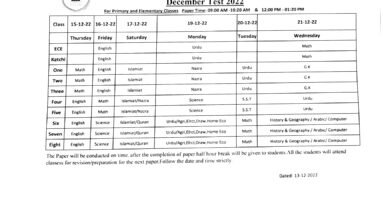 Date Sheet South Punjab Schools December Test 2022