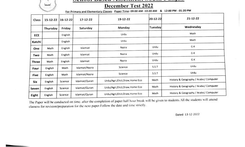 Date Sheet South Punjab Schools December Test 2022